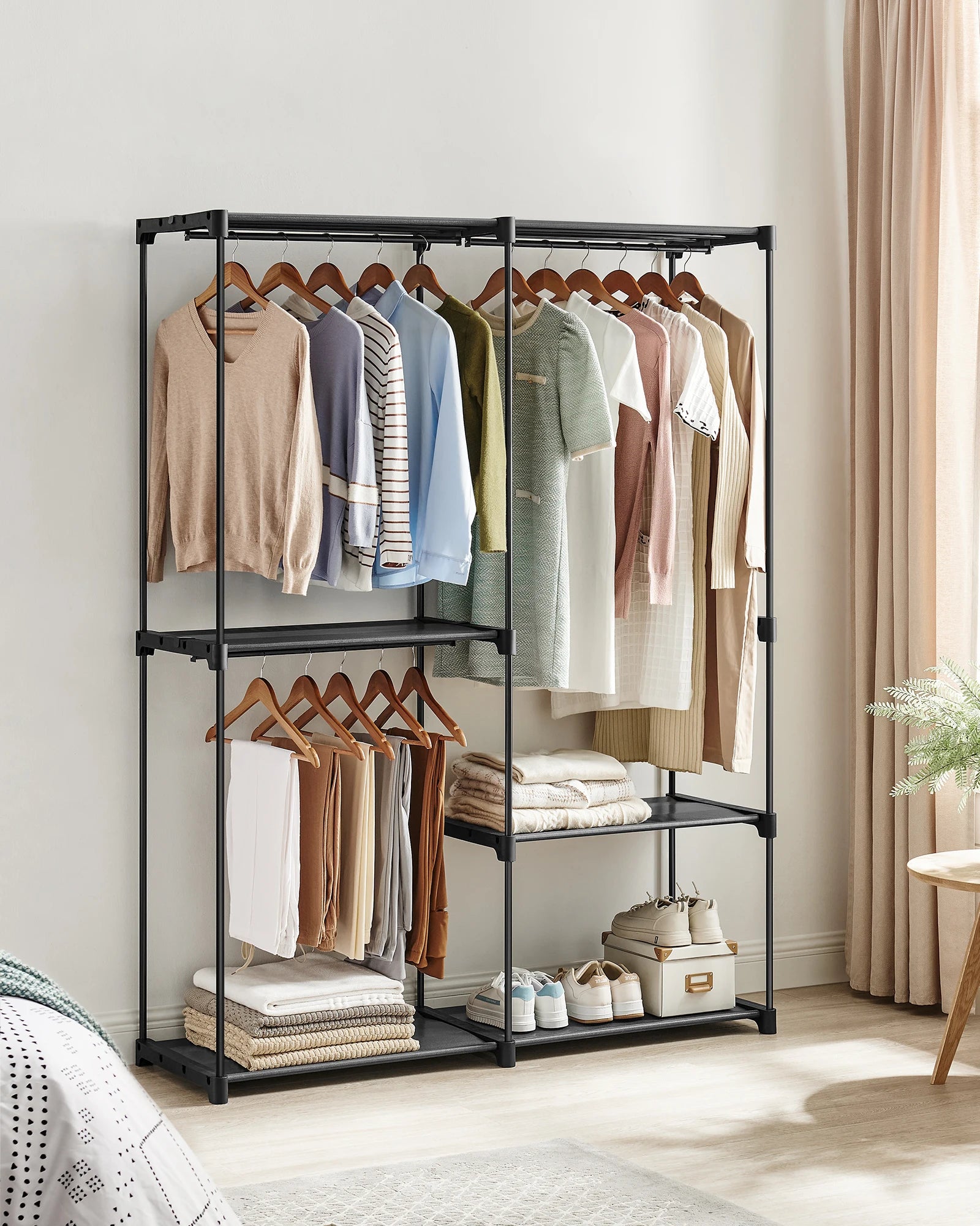 Offener Kleiderschrank – Stahlgestell mit 3 Kleiderstangen & Regalen – Stabil & Platzsparend – 138x43x182 cm