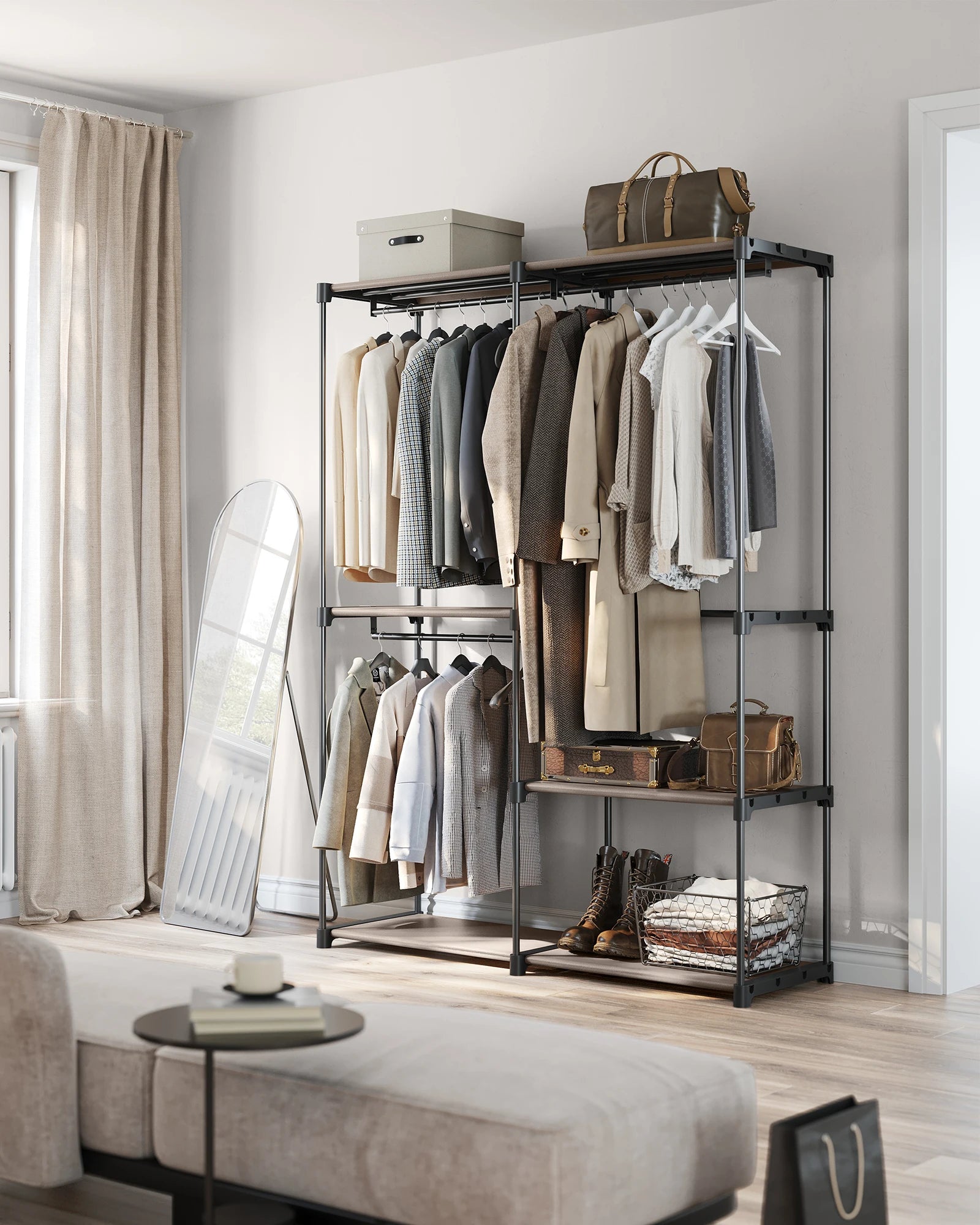 Offener Kleiderschrank – Stahlgestell mit 3 Kleiderstangen & Regalen – Stabil & Platzsparend – 138x43x182 cm